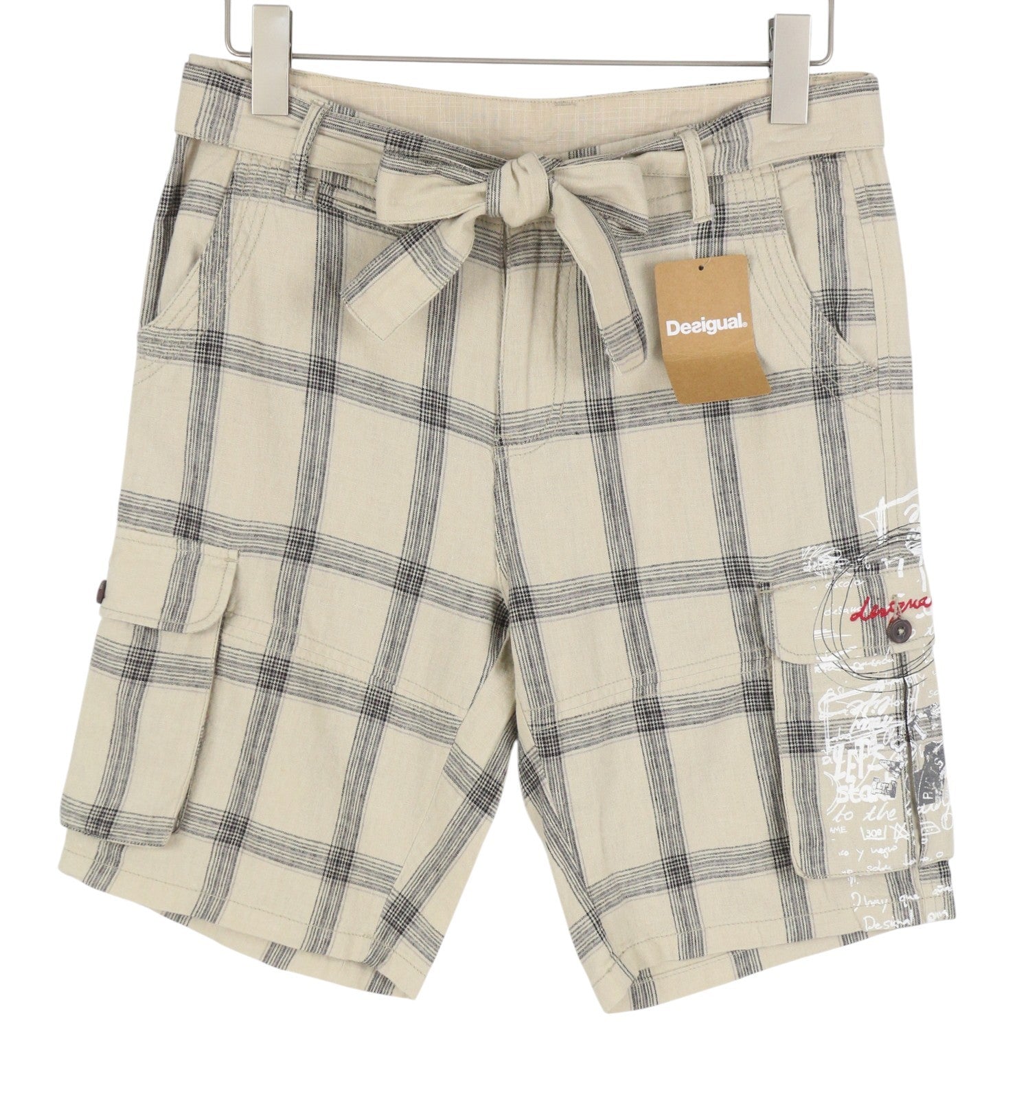 DESIGUAL Marc Men Shorts W28 Beige Linen Blend Check Belted Zip Fly Cargo