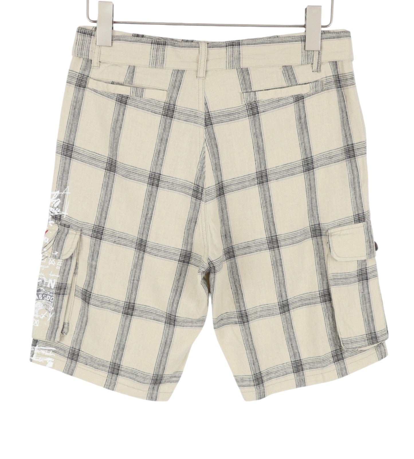 DESIGUAL Marc Men Shorts W28 Beige Linen Blend Check Belted Zip Fly Cargo