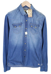 SCOTCH & SODA Men Shirt S Mid Blue Denim-Like Western-Style Classic Pure Cotton
