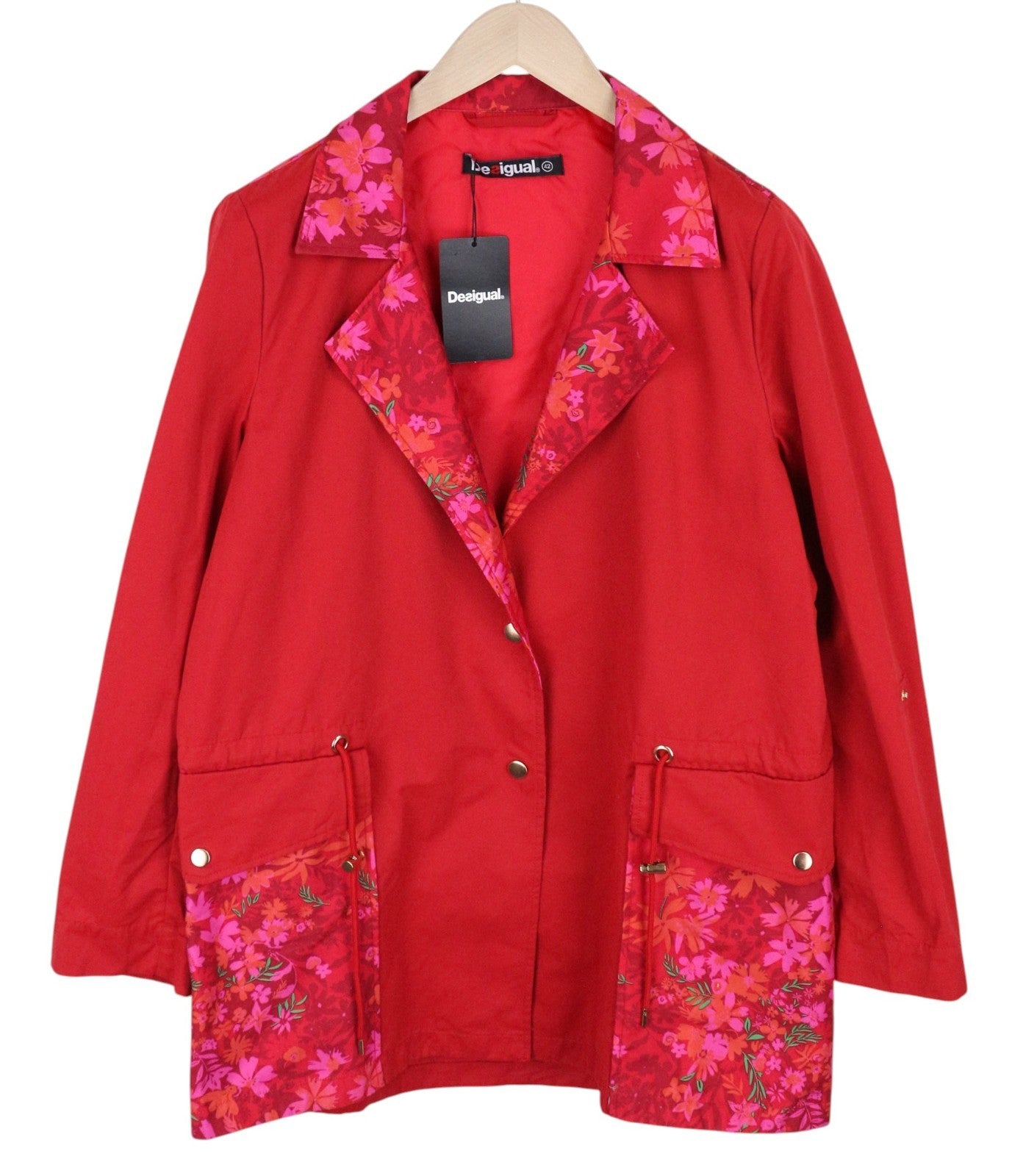 DESIGUAL Delphine Women Coat EU42 XL Red Floral Print Lined Melange Adjustable
