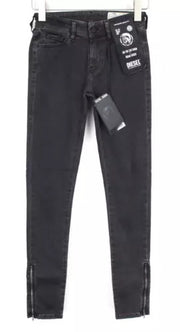 DIESEL Slandy-Zip 0680I Women Jeans W25/L34 Super Skinny Black Cotton Stretch