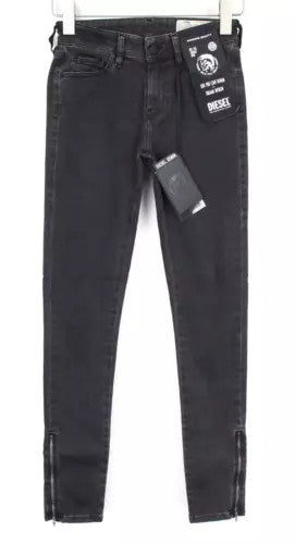 DIESEL Slandy-Zip 0680I Women Jeans W25/L34 Super Skinny Black Cotton Stretch