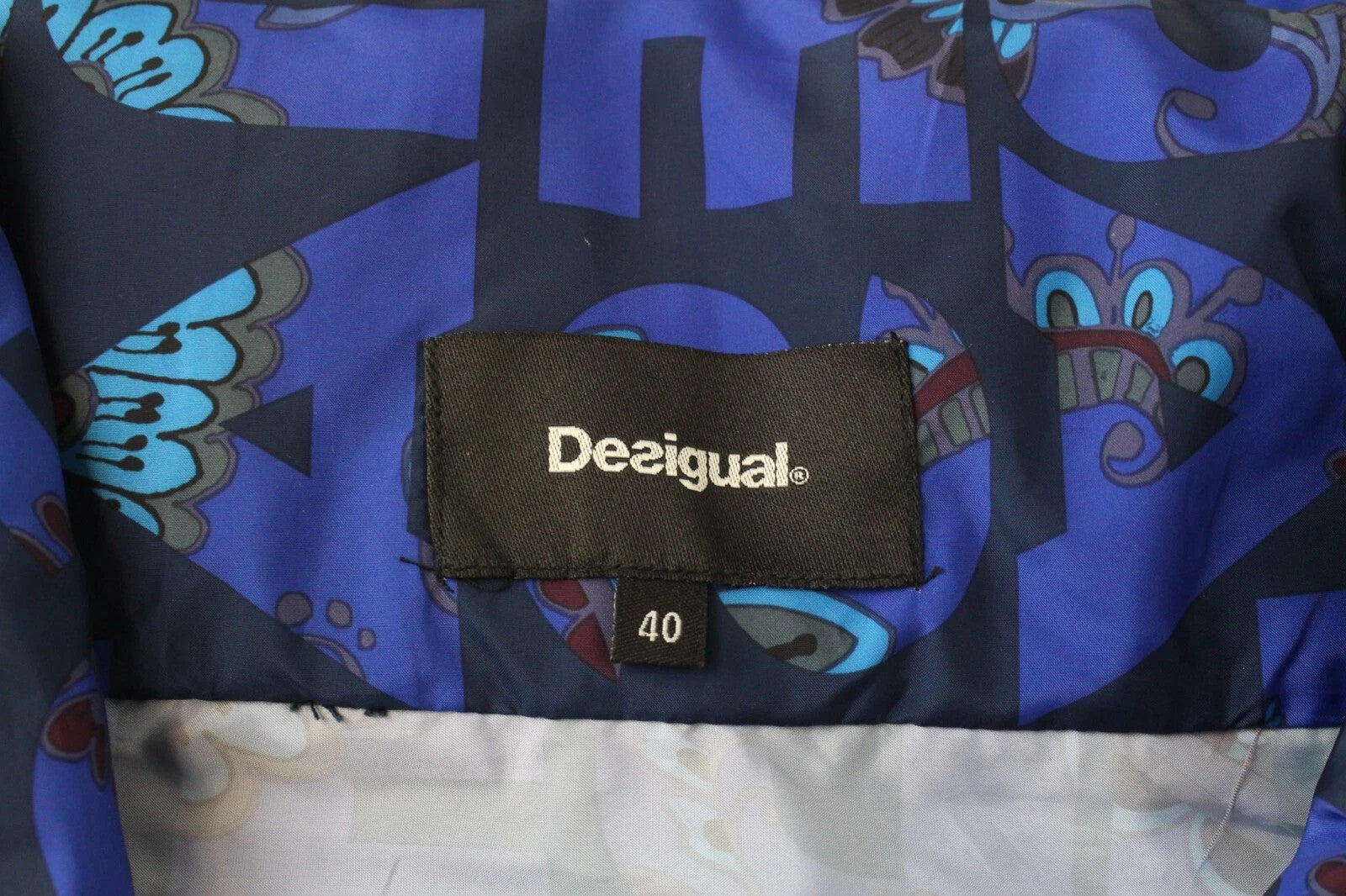 DESIGUAL Lex Women Jacket UK12 L Blue Patterned Lightweight Hooded Zipped