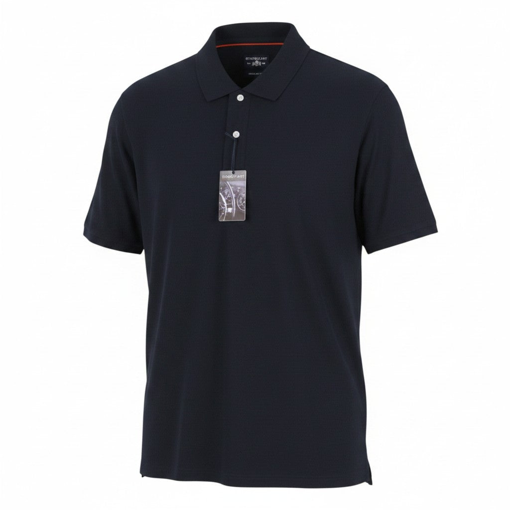 STATE OF ART Men Polos L Dark Blue Cotton Half Button Neck Short Sleeve