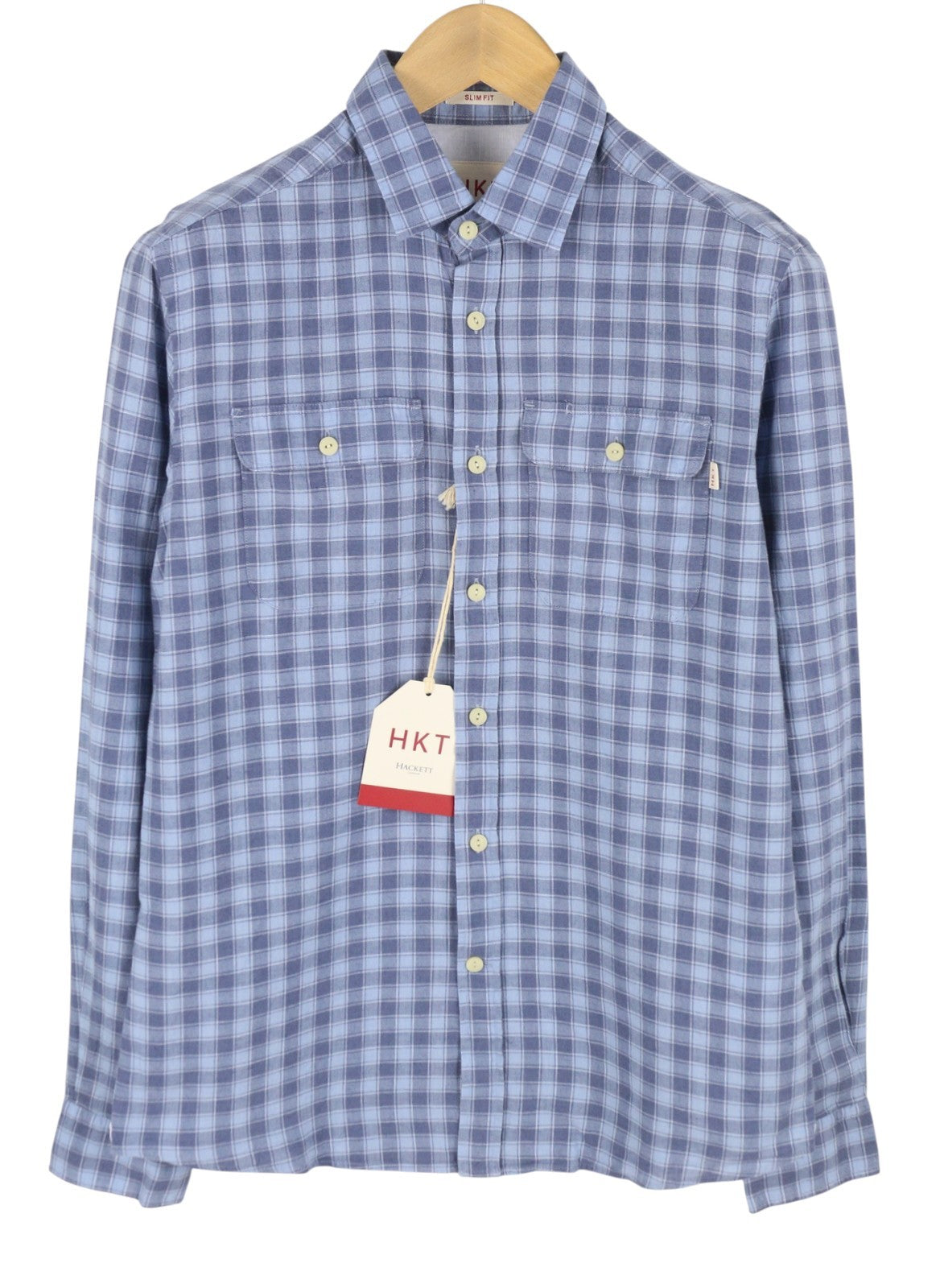 HACKETT Men Shirt S Blue Check Linen Blend Button Up Patched Pockets