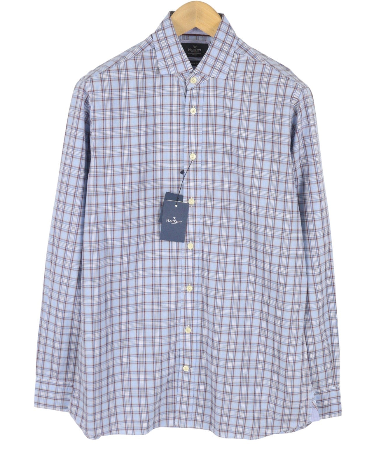 HACKETT Lakes Men Shirt S Blue Plaid Cutaway Neck Classic Fit Button-Up