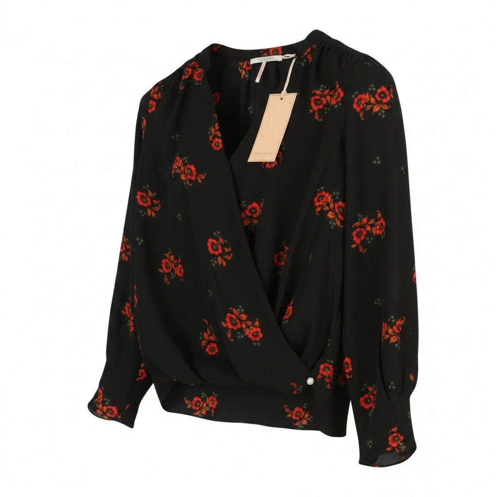 MAISON SCOTCH Women Blouse XS Black Floral Print Wrap Long Sleeve