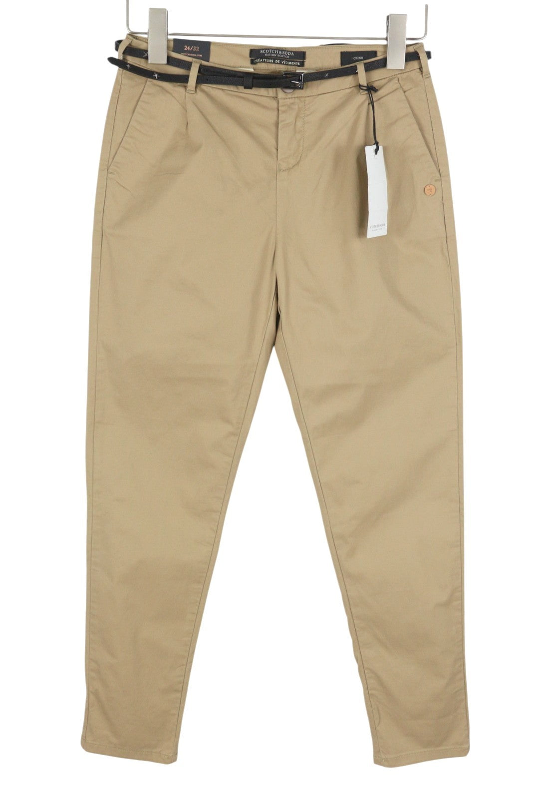 MAISON SCOTCH Women Trousers W24/L32 Brown Belted Cropped Slim Fit Chino