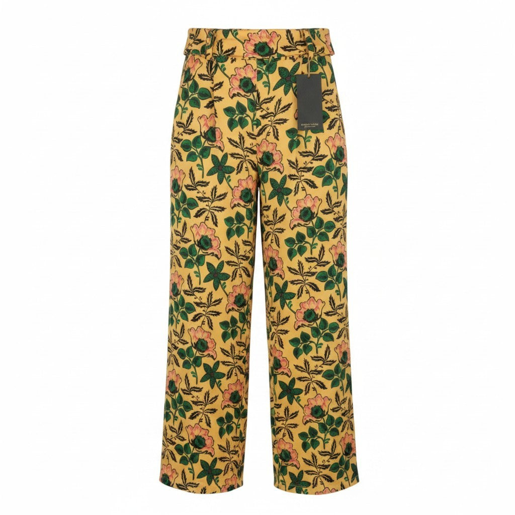 MAISON SCOTCH Women Trousers XS W26 Yellow Floral Print Pleated Flared Leg