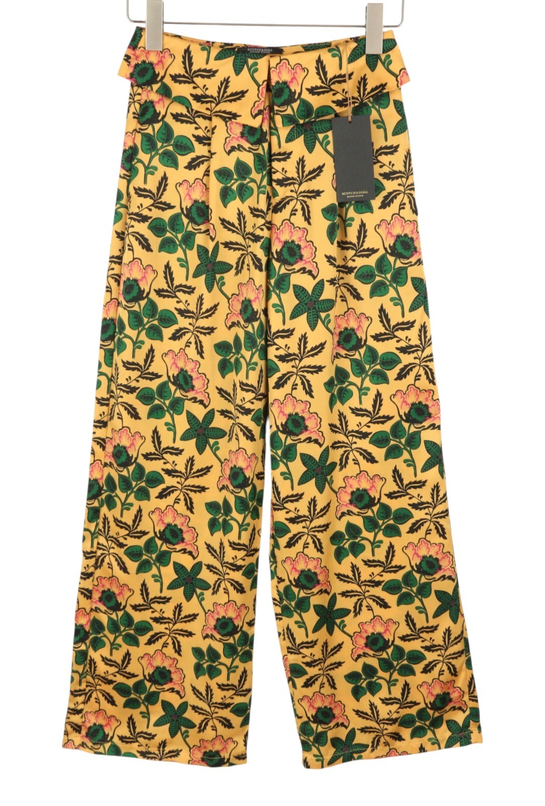 MAISON SCOTCH Women Trousers XS W26 Yellow Floral Print Pleated Flared Leg