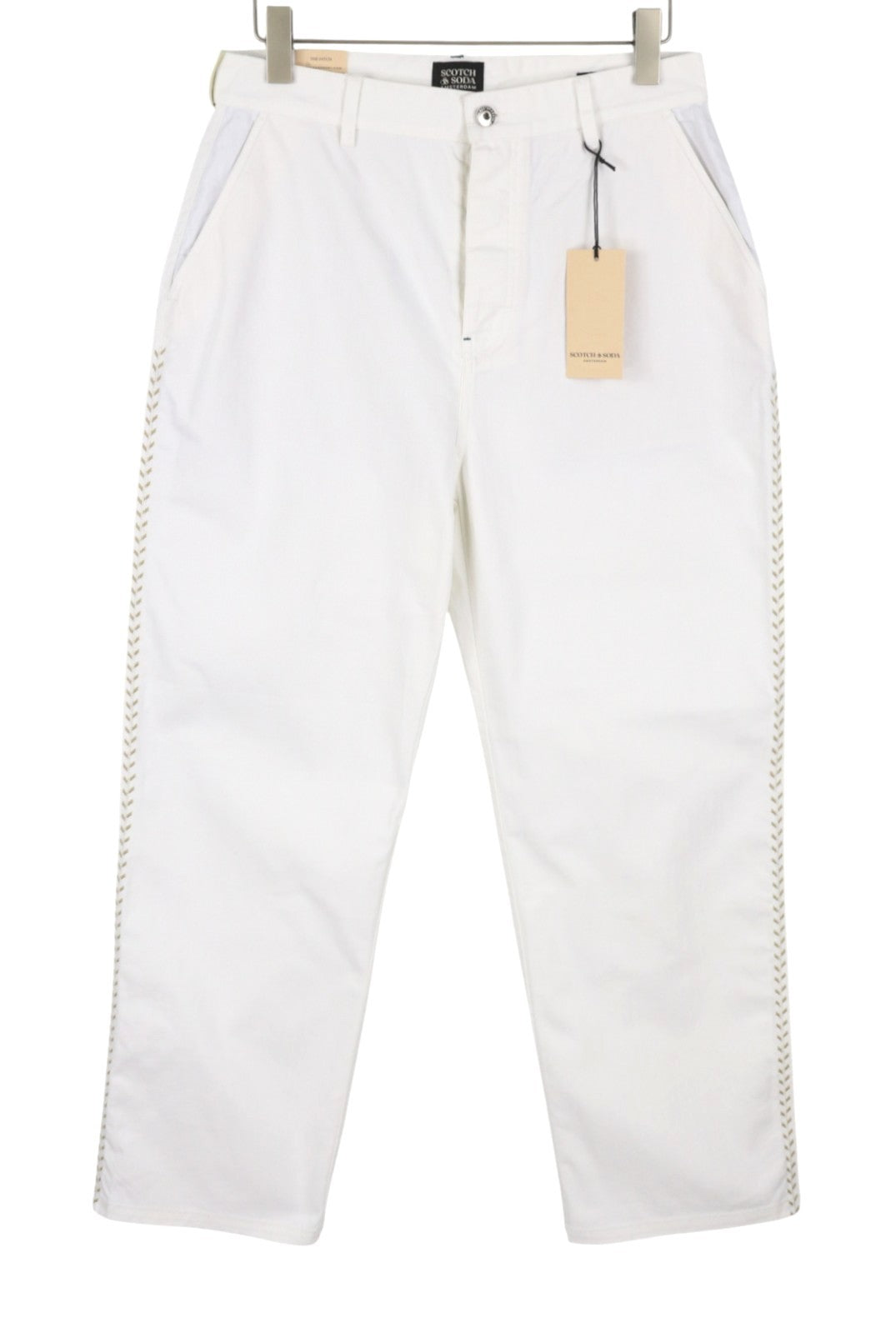 SCOTCH & SODA The Pitch Men Trousers W31/L32 White Loose Fit Embroidered Button