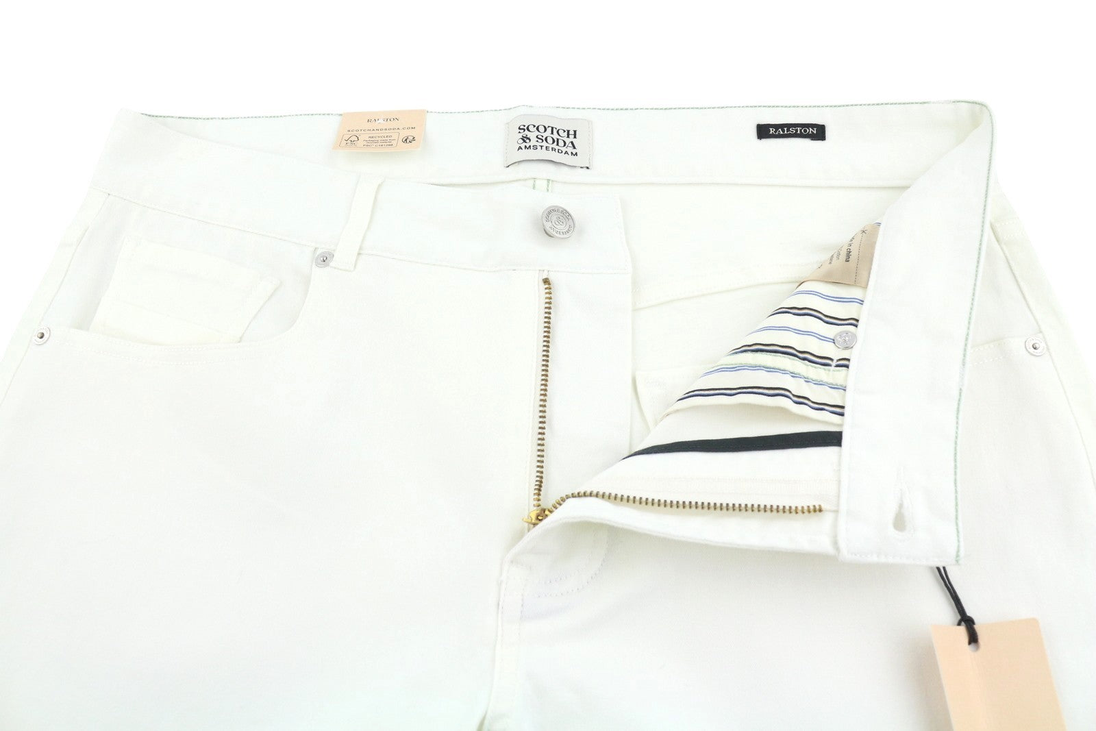 SCOTCH & SODA Ralston Men Trousers W31/L32 White Regular Slim Fit Stretch Zip