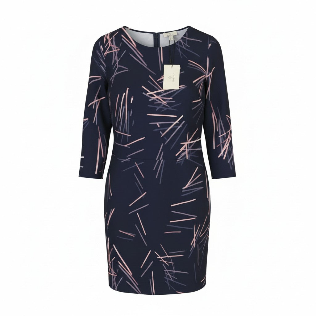 GANT Printed Pencil Women Dress EU42 L Marine Round Long Sleeve Knee-Length