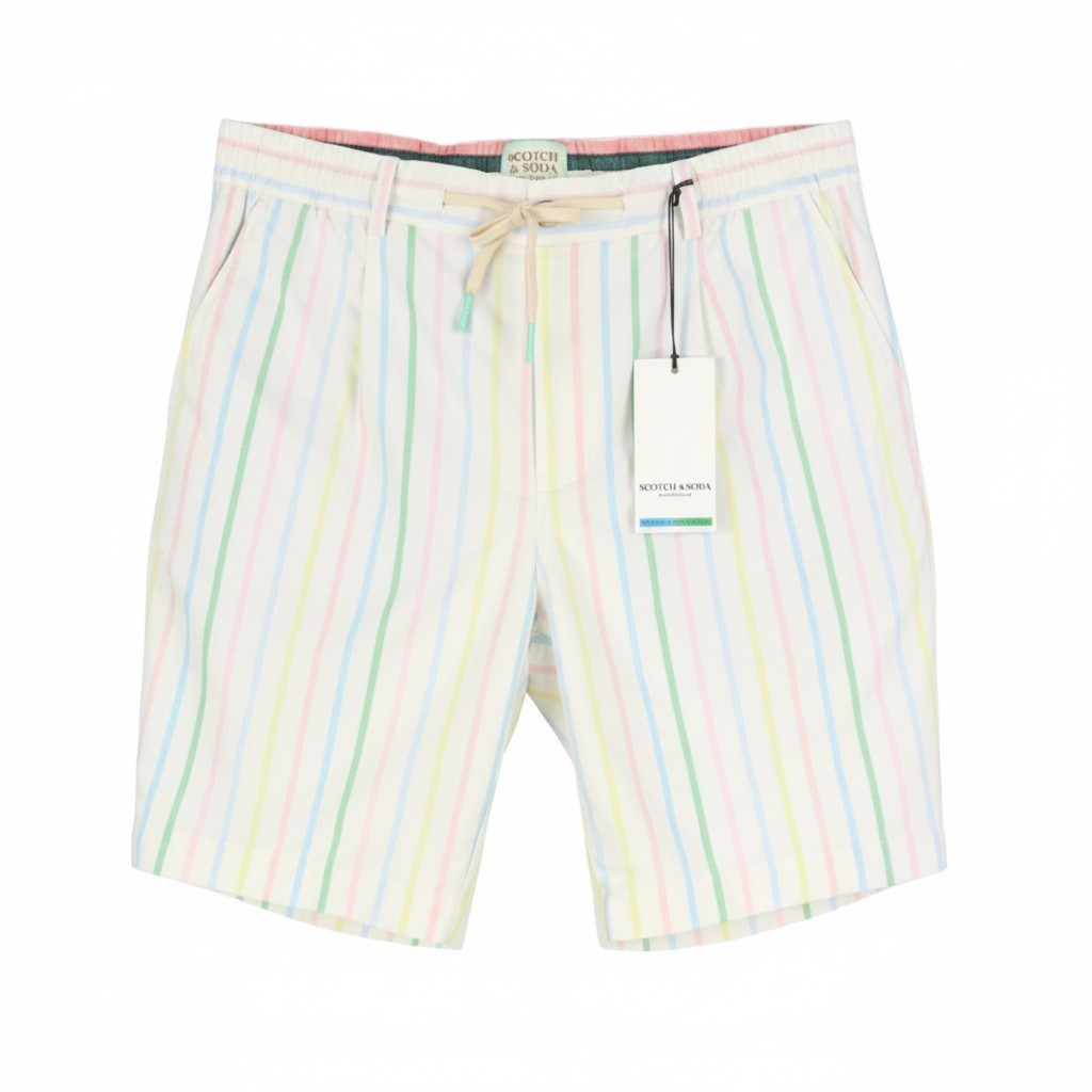 SCOTCH & SODA Blake Men Shorts W33 White Colourful Pinstripe Drawstring Waist