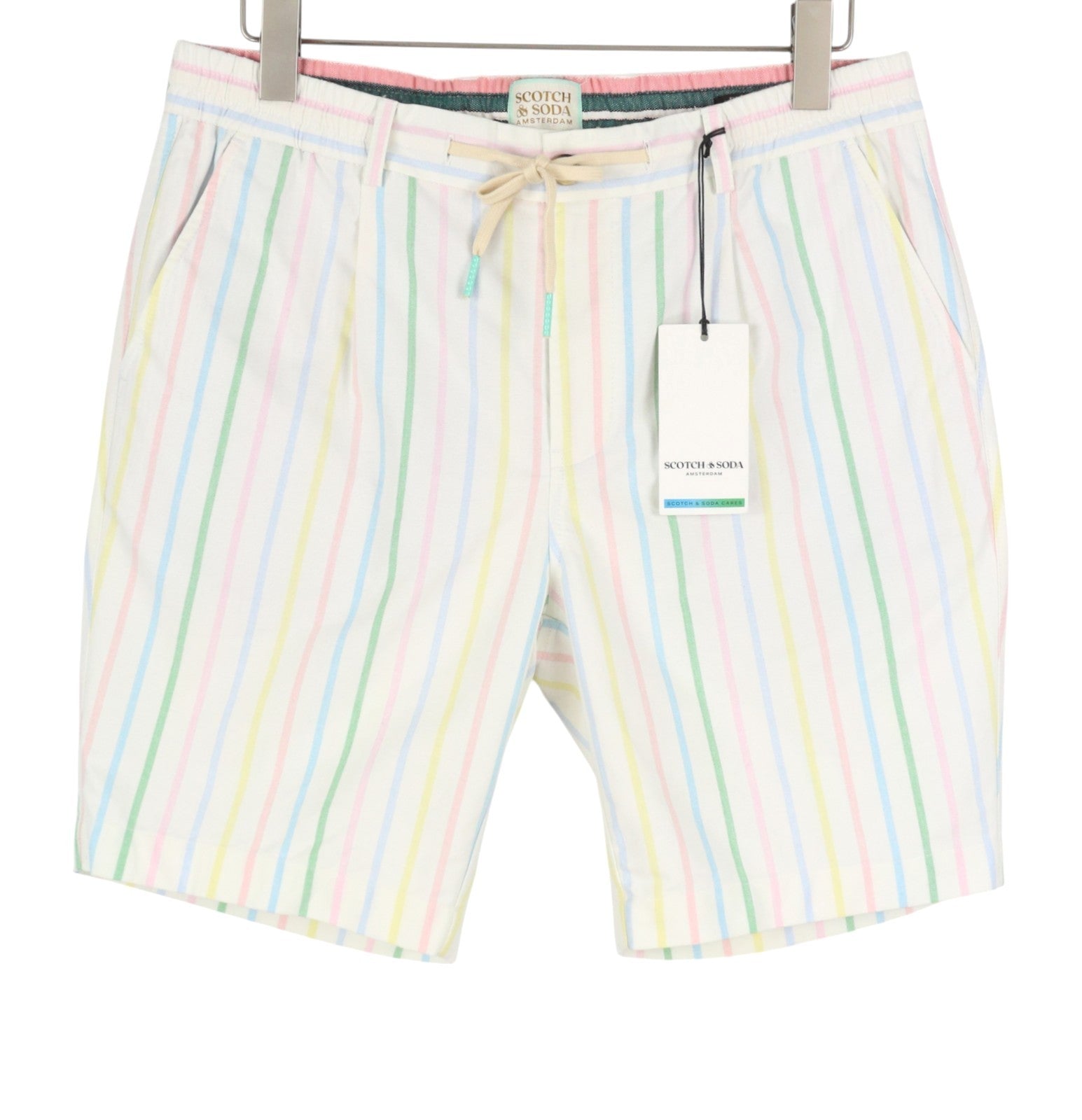SCOTCH & SODA Blake Men Shorts W33 White Colourful Pinstripe Drawstring Waist