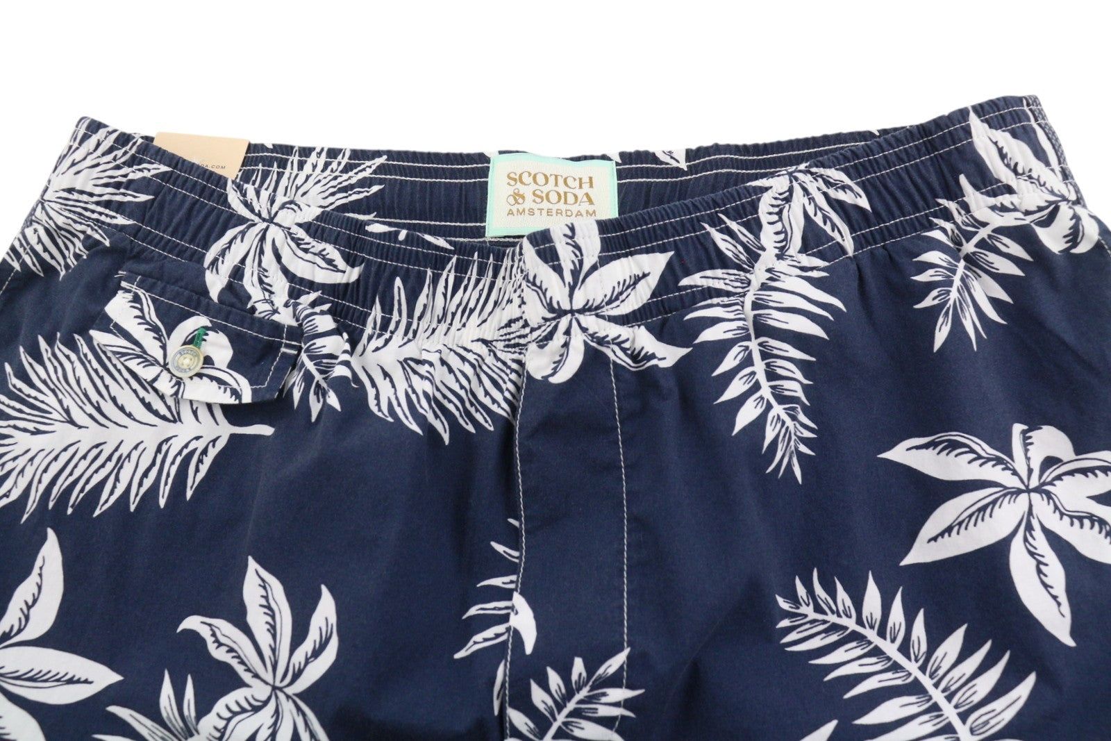 SCOTCH & SODA Men Shorts W32 Blue Leafs Print Wide Fit Stretch Drawstring Waist