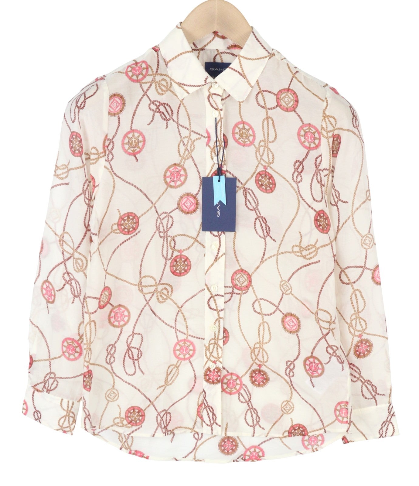 GANT Sailing Print Cot Silk Women Shirt EU34 XS Caulk White Transparent Button