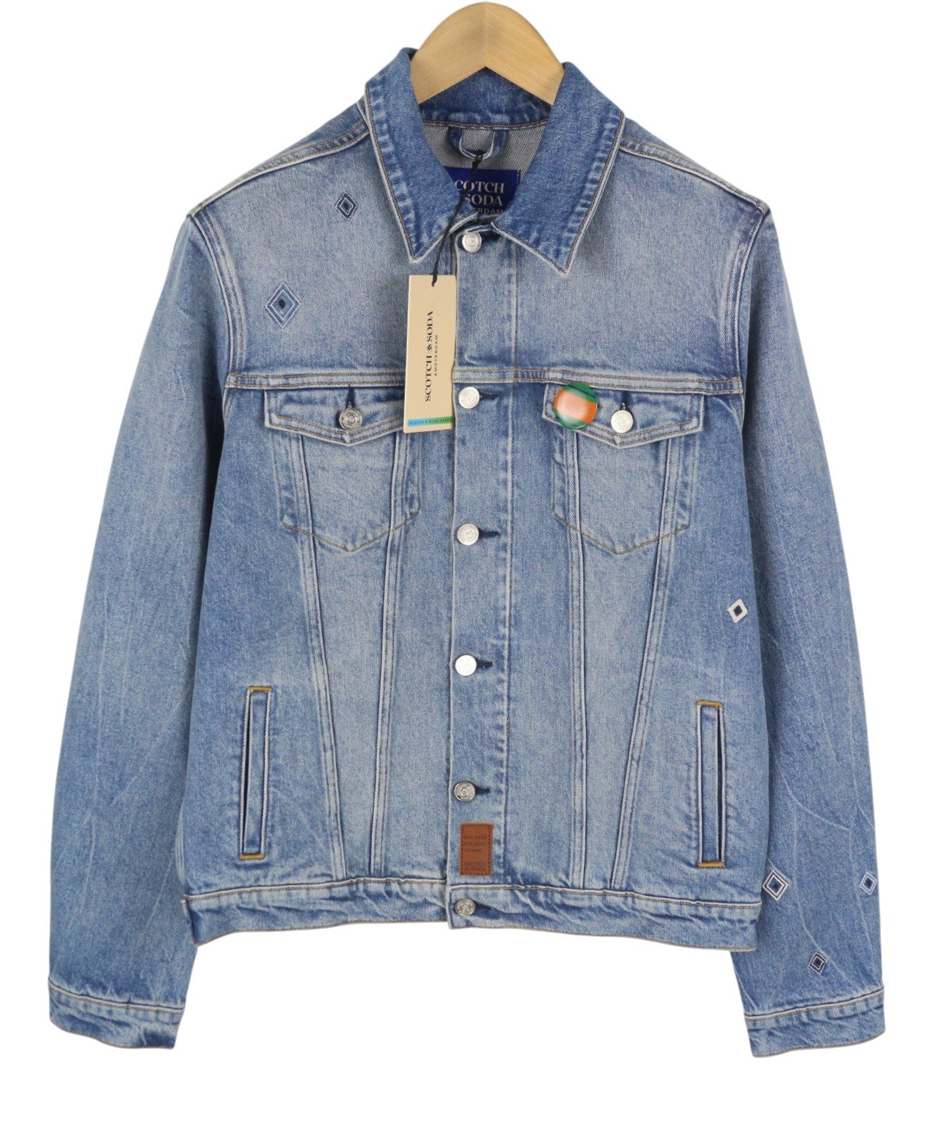 SCOTCH & SODA Trucker Men Jacket L Blue Faded Embroidered Button-Up Denim