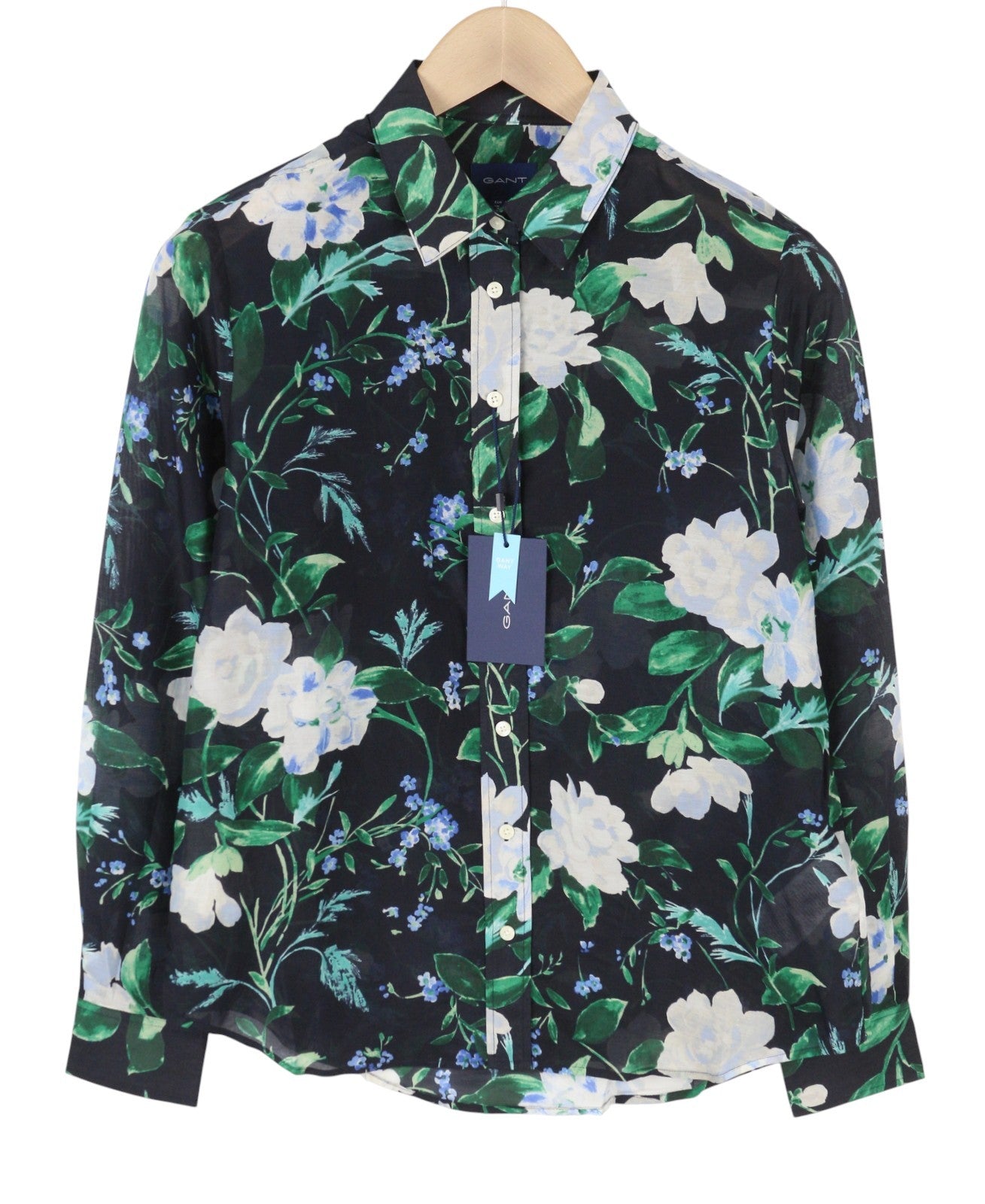 GANT Reg Rose Cot Silk Women Shirt EU38 M Evening Blue Transparent Button-Up