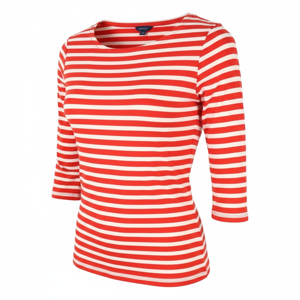 GANT Striped 1x1 Rib 3/4 Women T-Shirt S Lava Red Round Collar Tricot Stretch