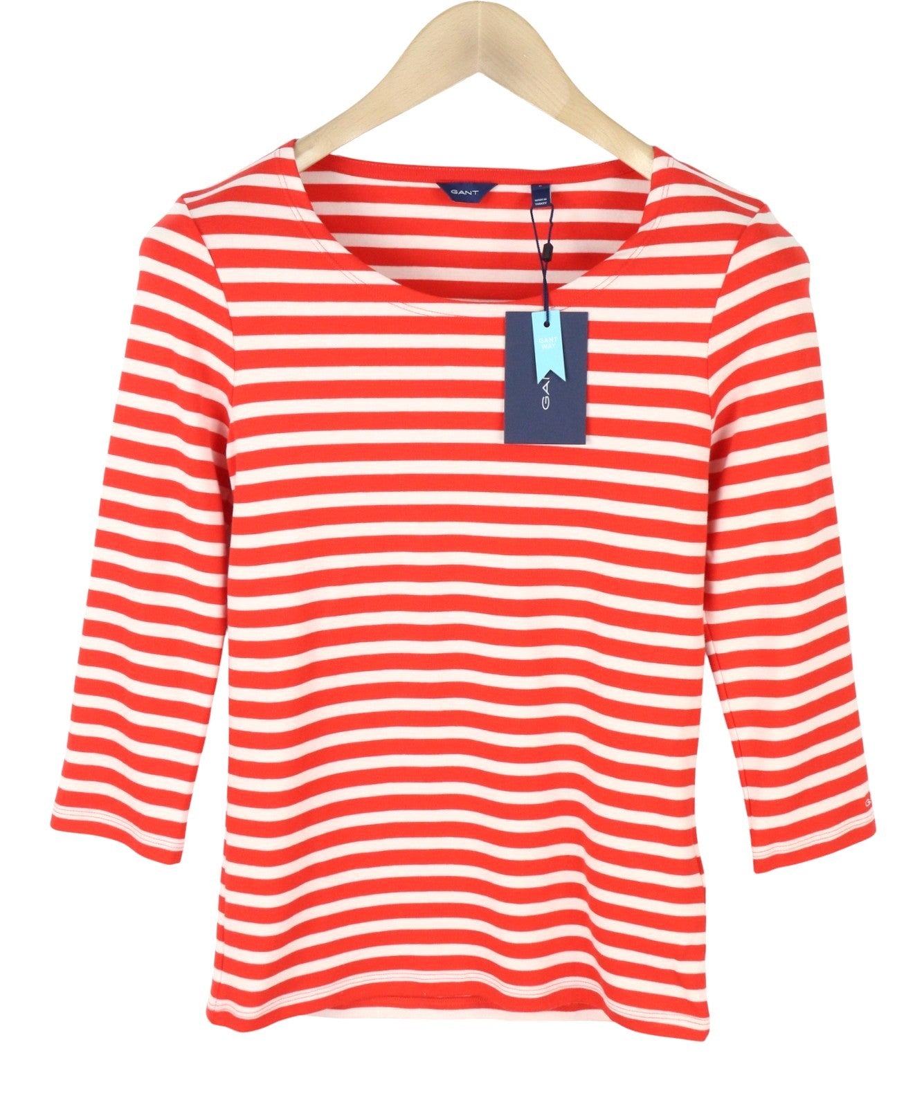 GANT Striped 1x1 Rib 3/4 Women T-Shirt S Lava Red Round Collar Tricot Stretch