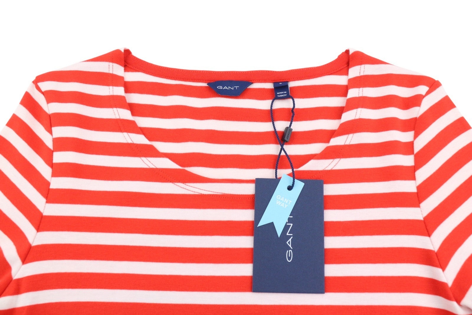 GANT Striped 1x1 Rib 3/4 Women T-Shirt S Lava Red Round Collar Tricot Stretch