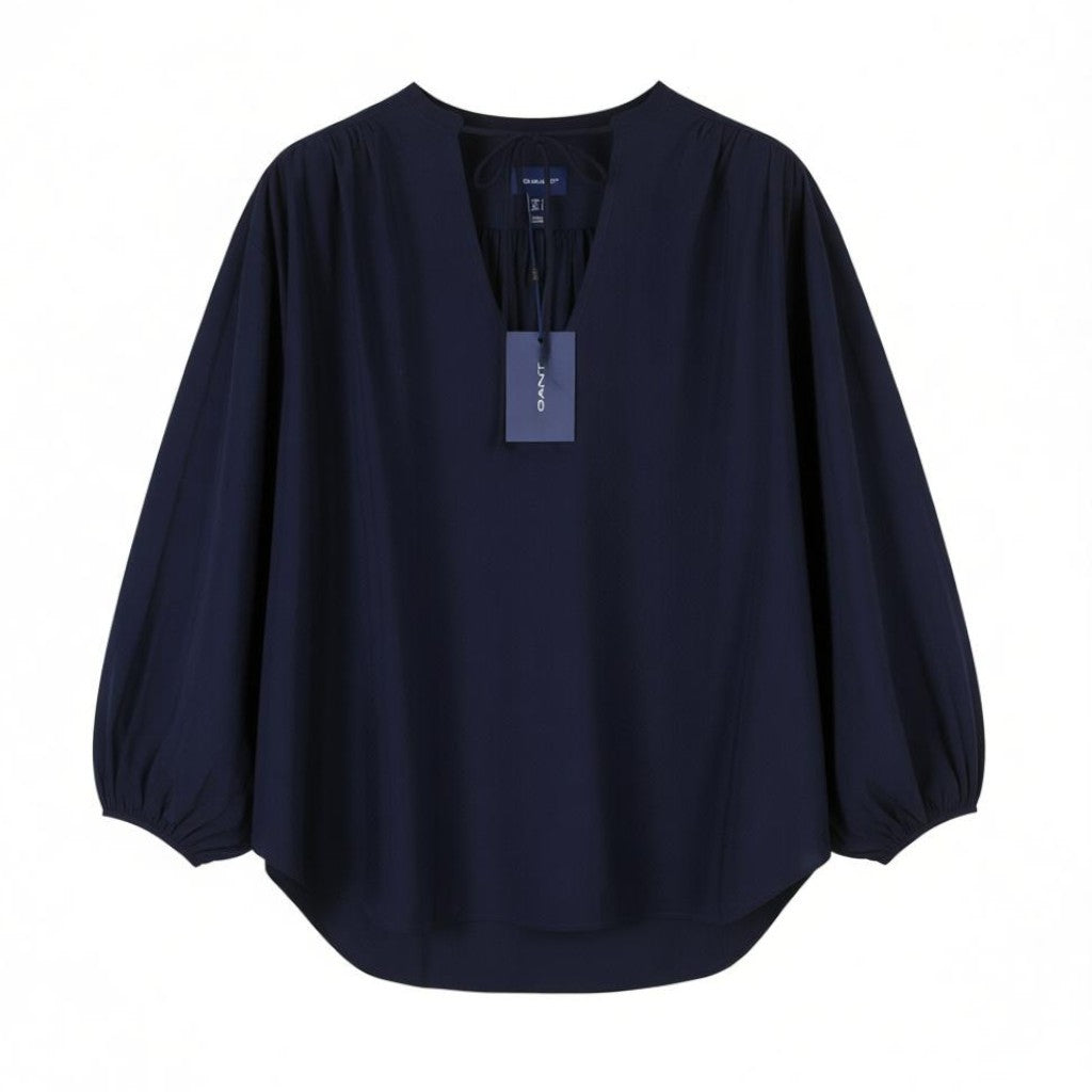 GANT Pop Over Women Blouse EU44 XL Classic Blue V-Neck Ties Relaxed 3/4 Sleeves