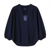 GANT Pop Over Women Blouse EU44 XL Classic Blue V-Neck Ties Relaxed 3/4 Sleeves