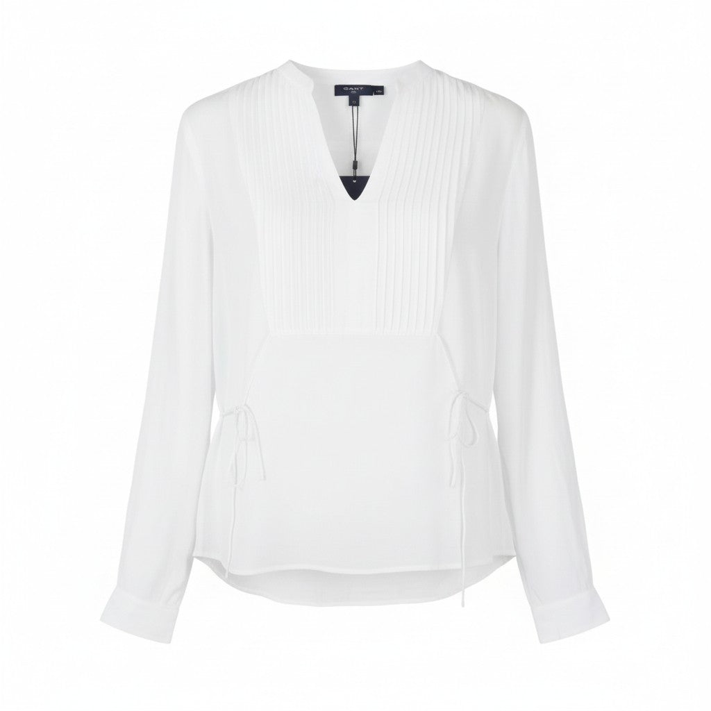 GANT Bib Women Blouse EU40 M White Pleated V-Neck Side Tied Long Sleeve