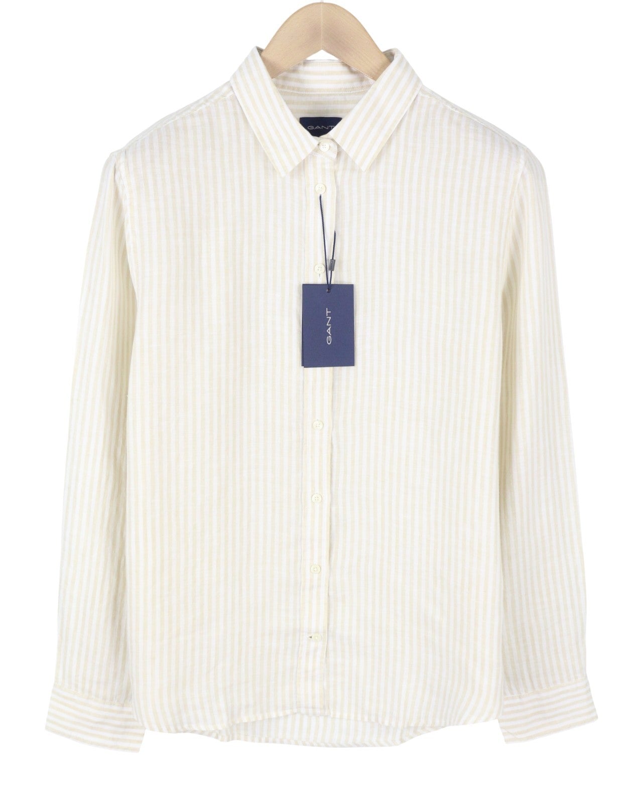 GANT Reg Linen Stripe Women Shirt EU44 XL Desert Beige Button-Up Spread Neck