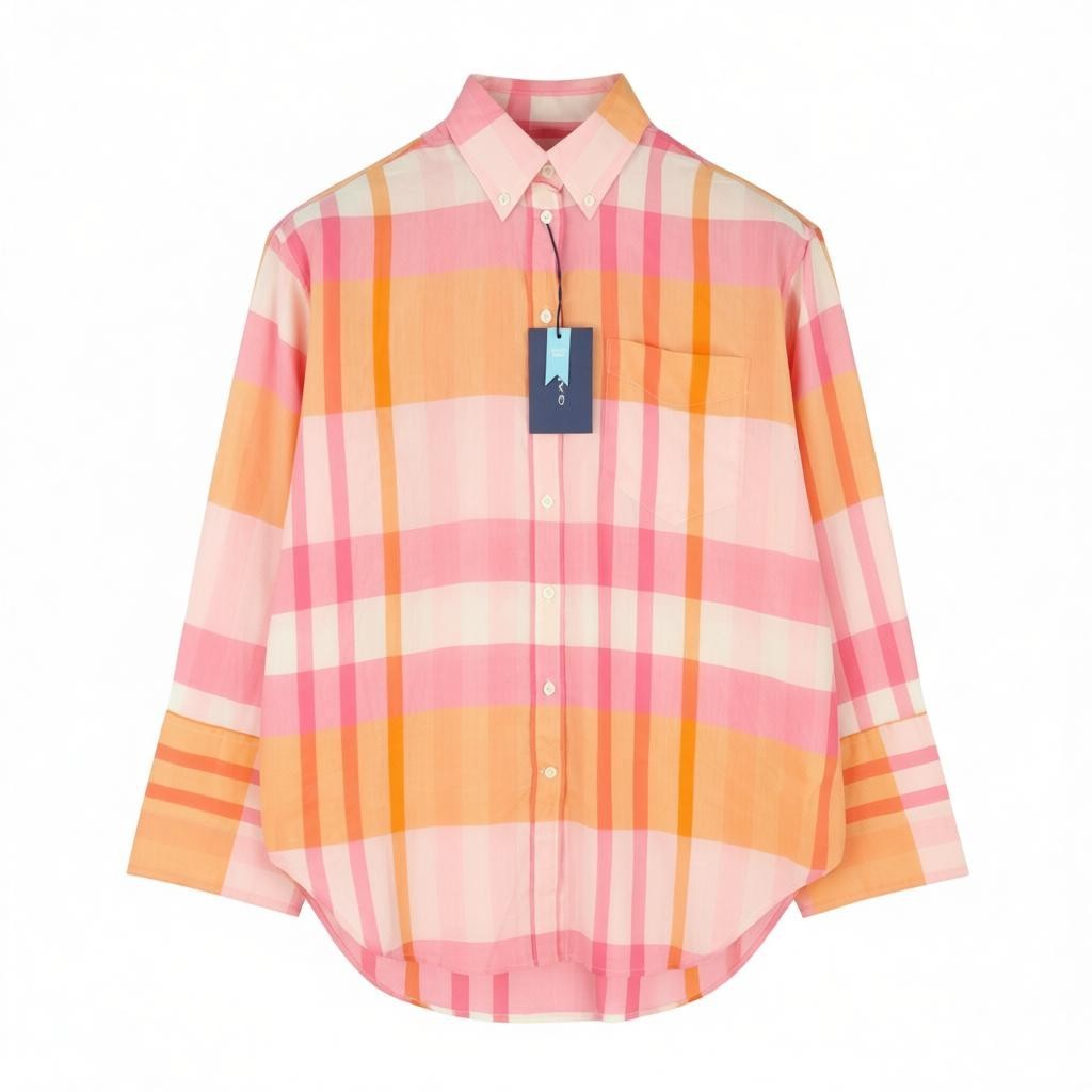 GANT Rel Wide Cuff Madras Women Shirt EU40 M Preppy Pink Button-Up Oversized