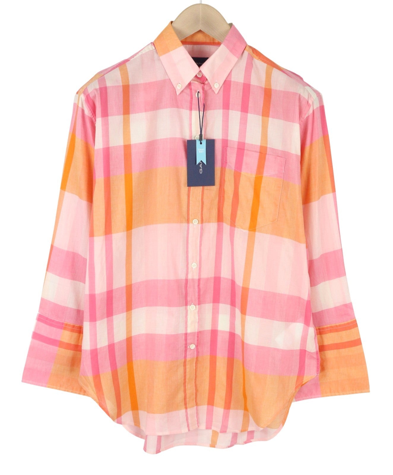 GANT Rel Wide Cuff Madras Women Shirt EU40 M Preppy Pink Button-Up Oversized