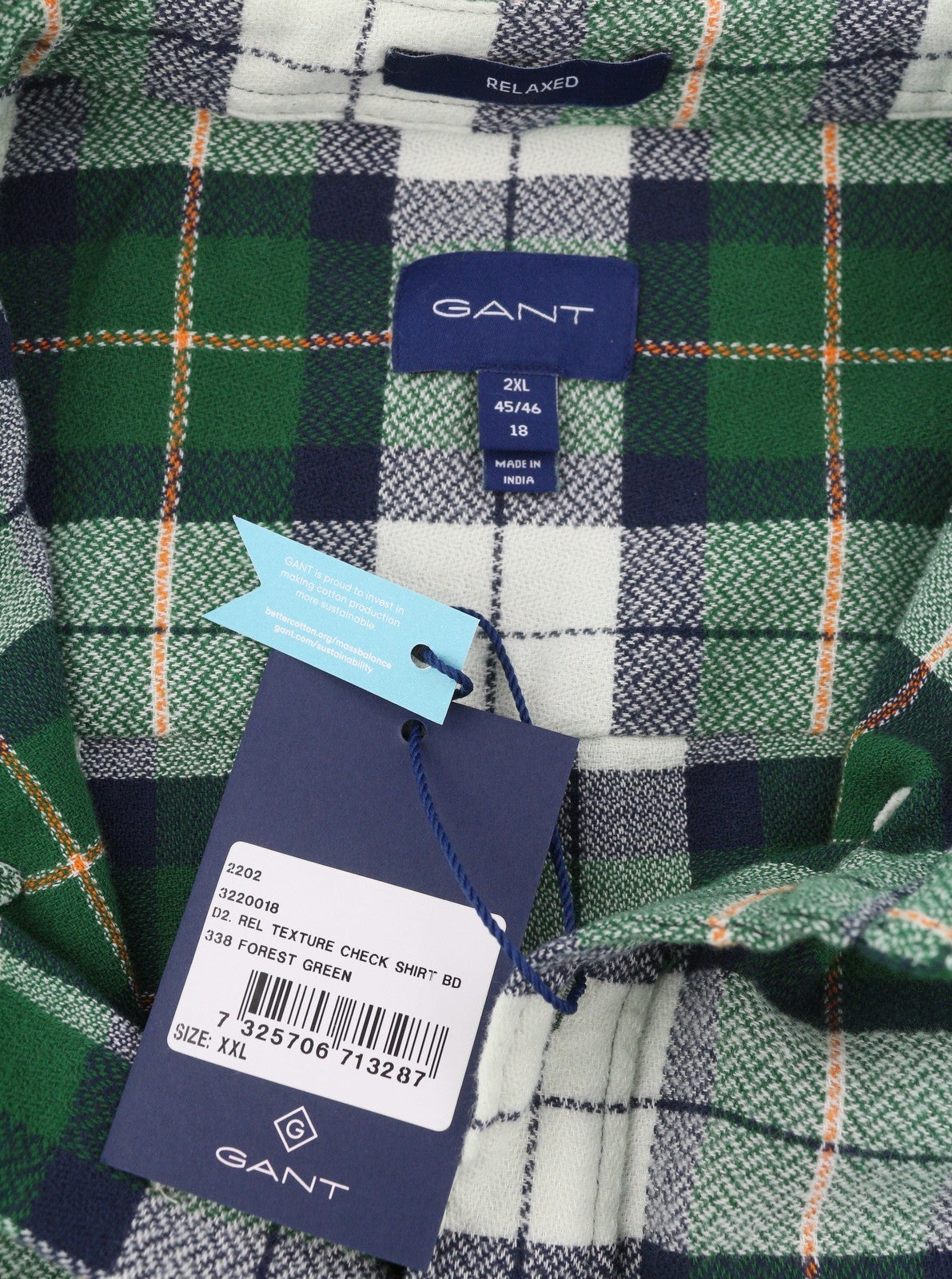 GANT Rel Texture Check Men Shirt 2XL Green Plaid Casual Button-Up Pocket