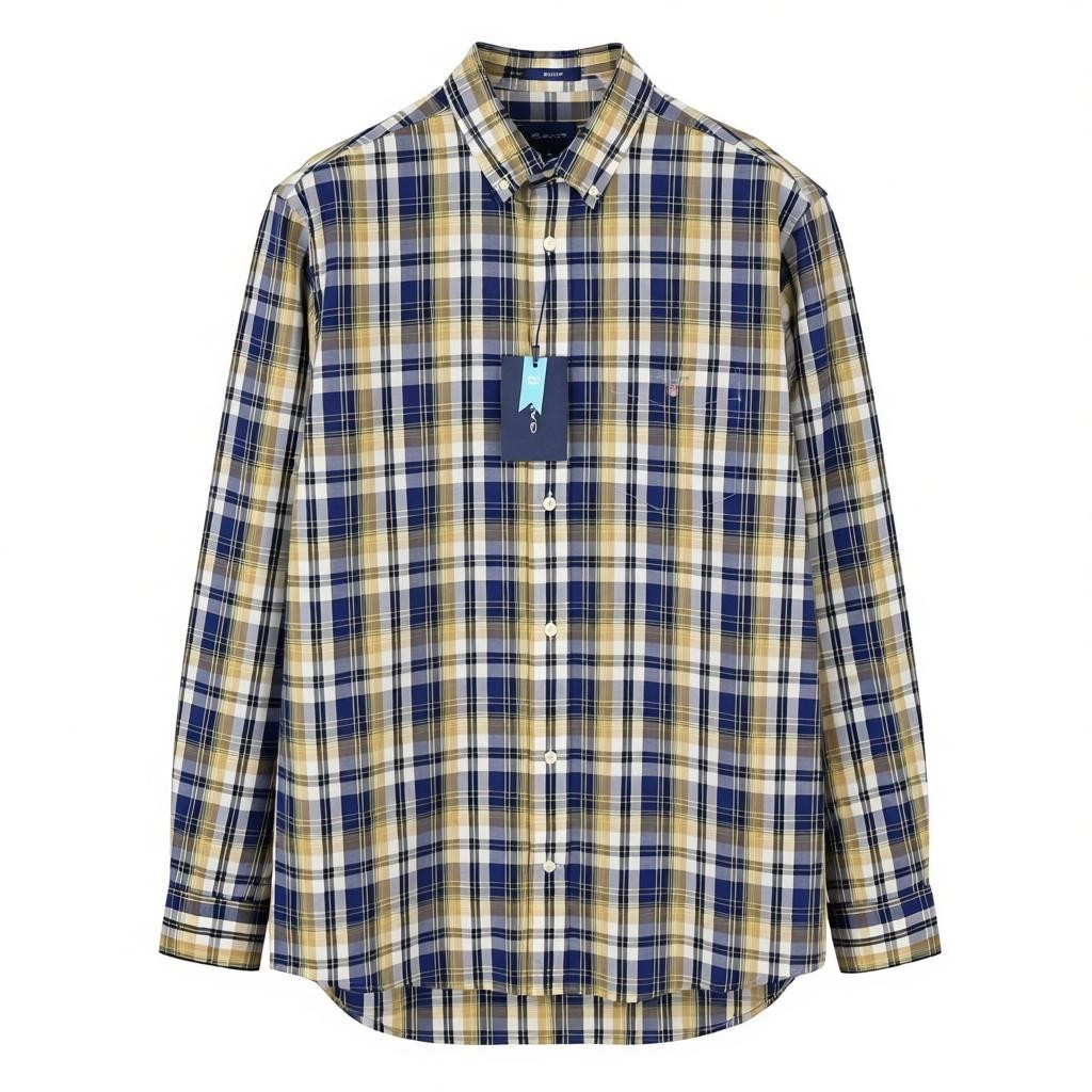 GANT Reg Washed Poplin Check Men Shirt L Beige Plaid Buttoned Casual Top