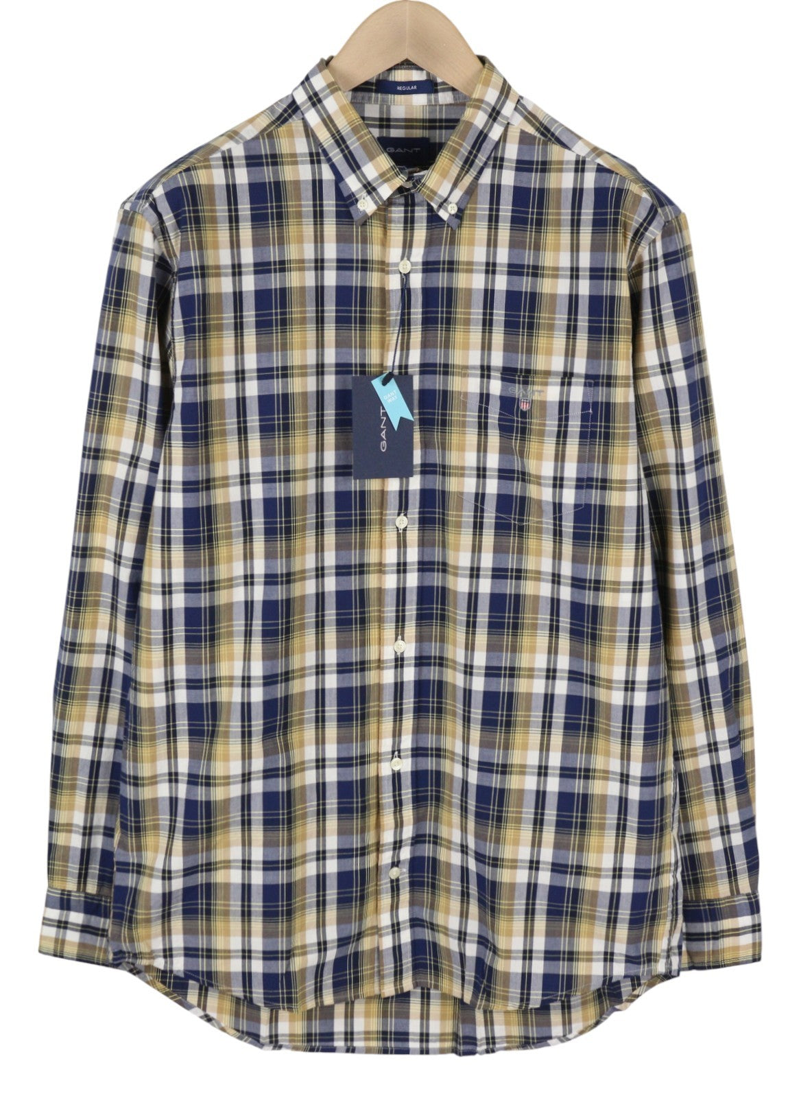 GANT Reg Washed Poplin Check Men Shirt L Beige Plaid Buttoned Casual Top