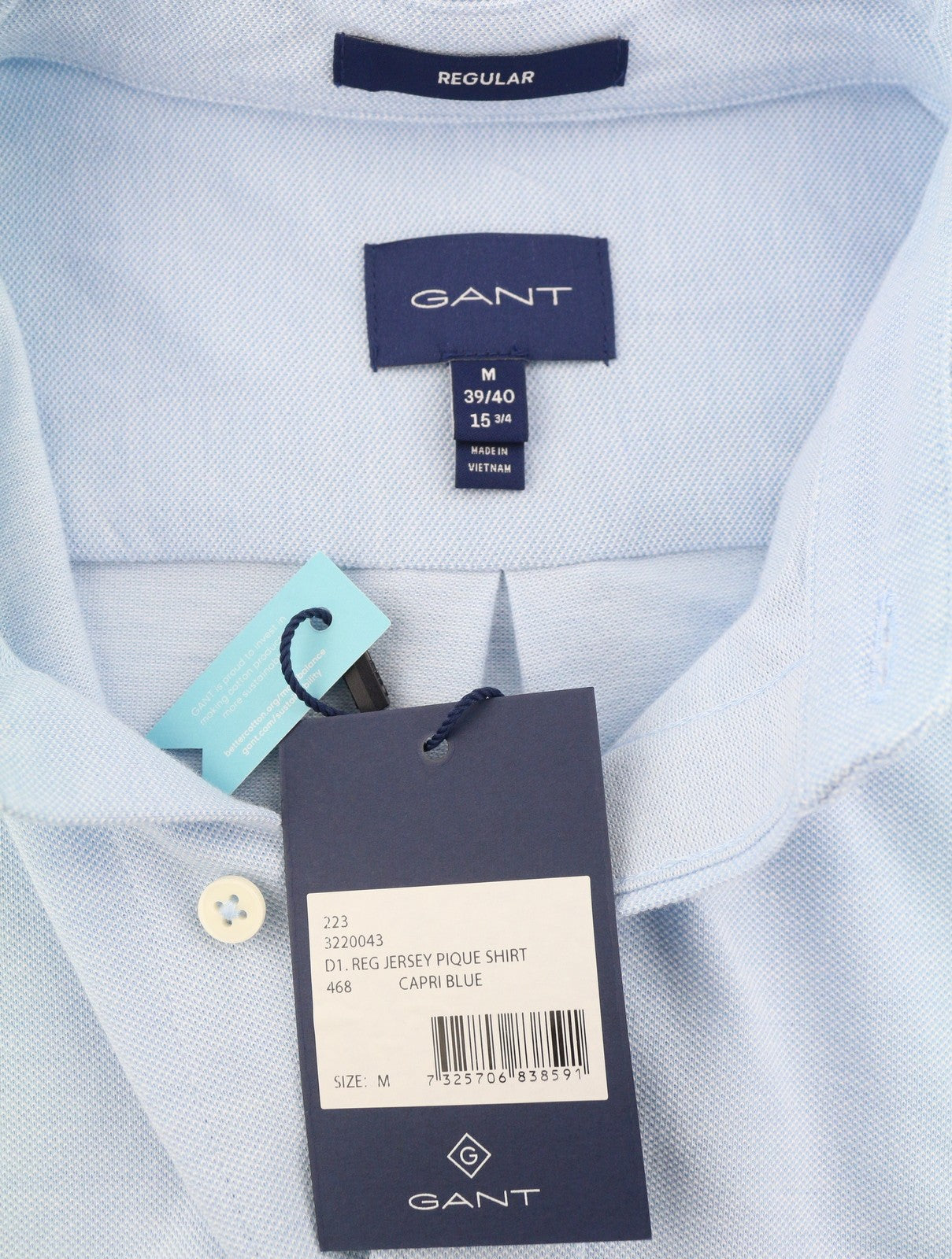 GANT Reg Jersey Pique Men Shirt M Blue Cotton Button-Down Casual Top