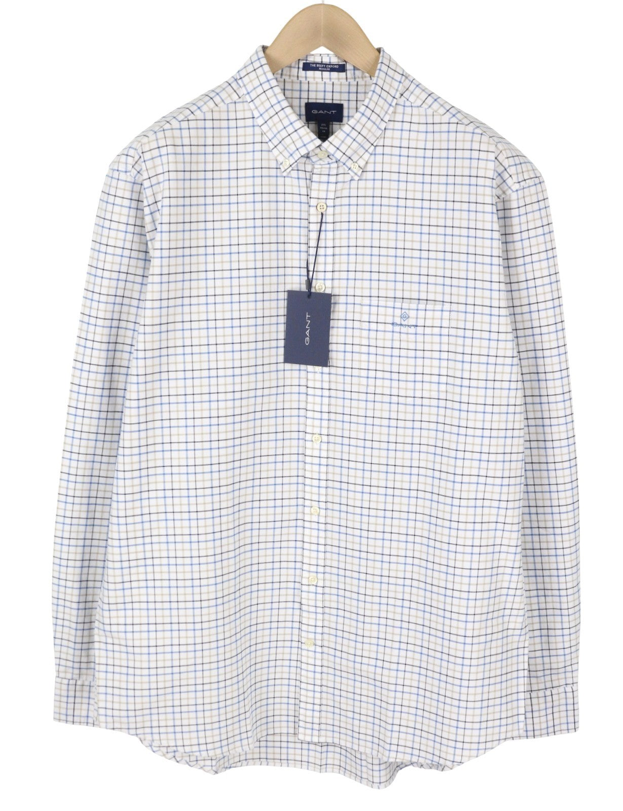 GANT The Beefy Oxford Check Reg BD Men Shirt 2XL Blue Plaid Pocket Casual