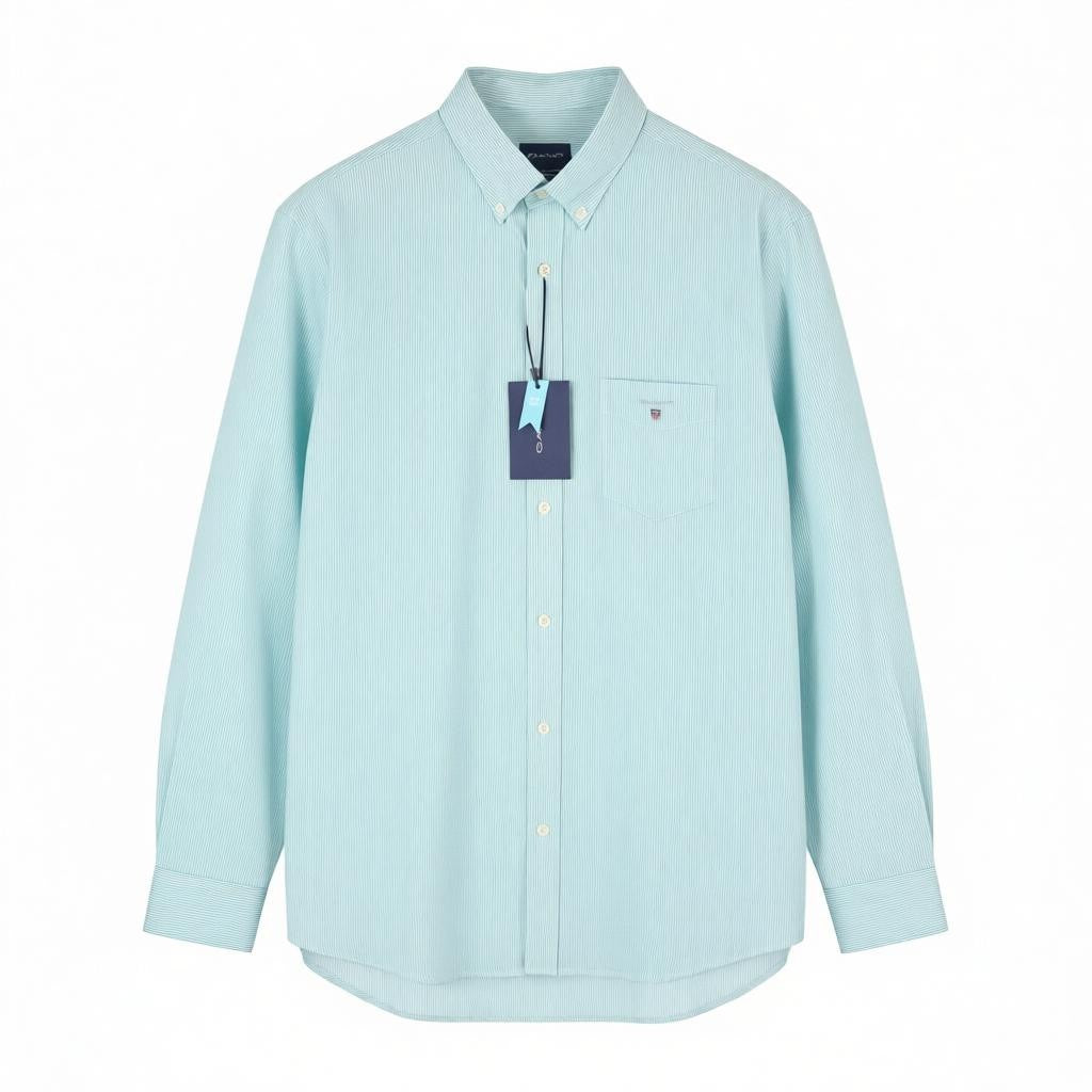 GANT Reg Broadcloth Banker BD Men Shirt L Aqua Striped Buttoned Casual Top