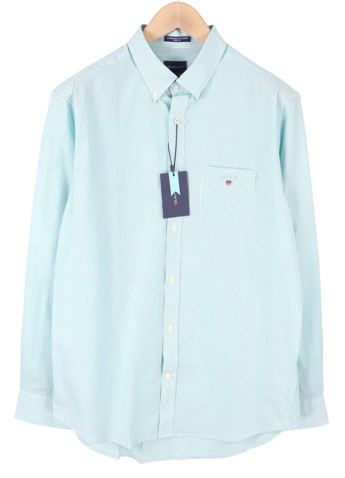 GANT Reg Broadcloth Banker BD Men Shirt L Aqua Striped Buttoned Casual Top