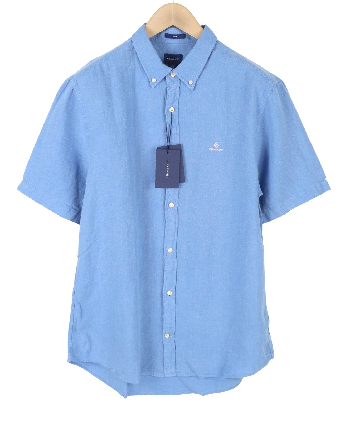 GANT GMT Dyed Linen Slim BD SS Men Shirt XL Blue Linen Short Sleeve Casual