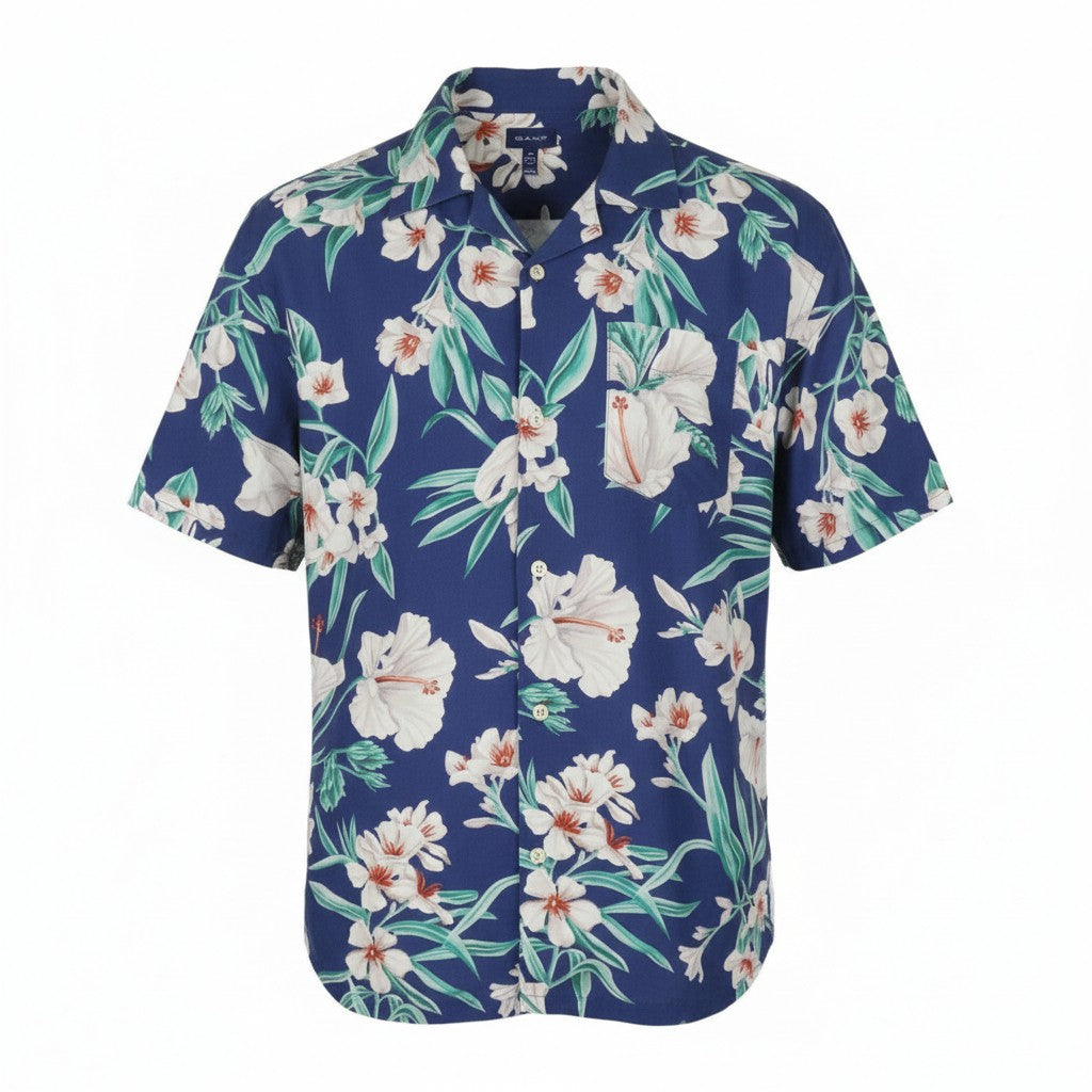 GANT PP Floral Lyocell SS Camp Men Shirt M Blue Floral Camp Collar Casual