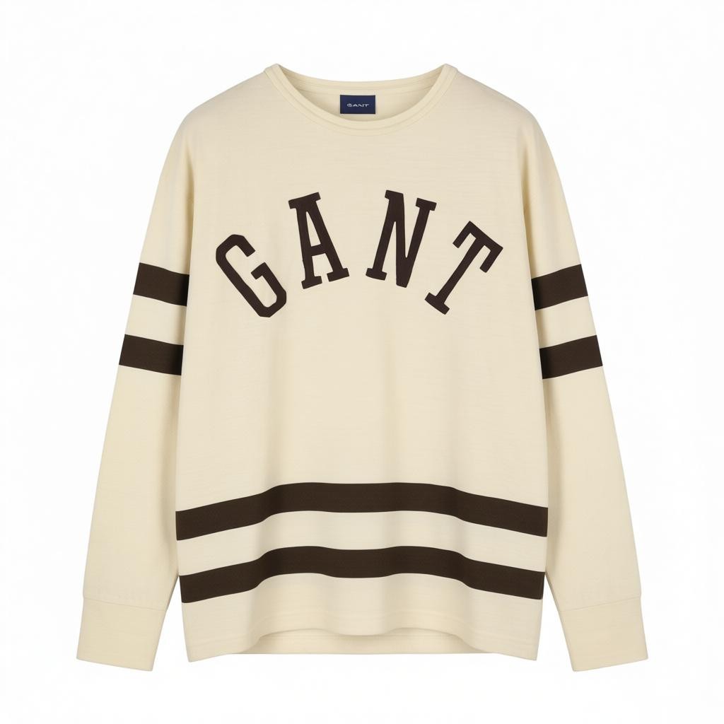 GANT Wool Jersey Men T-Shirt 2XL Cream Front Logo Tricot Long Sleeve