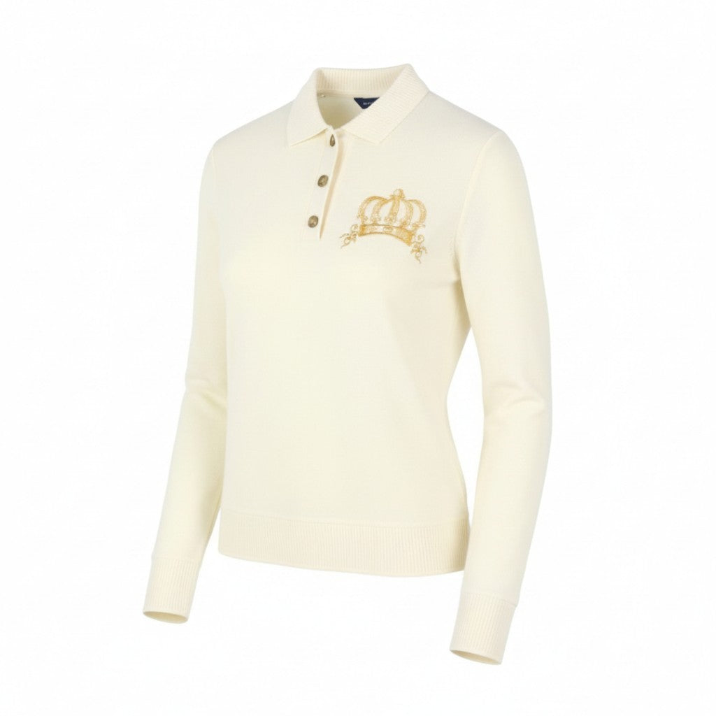 GANT Crown Embroidered Women T-Shirt S Cream Pique Textured Long Sleeve