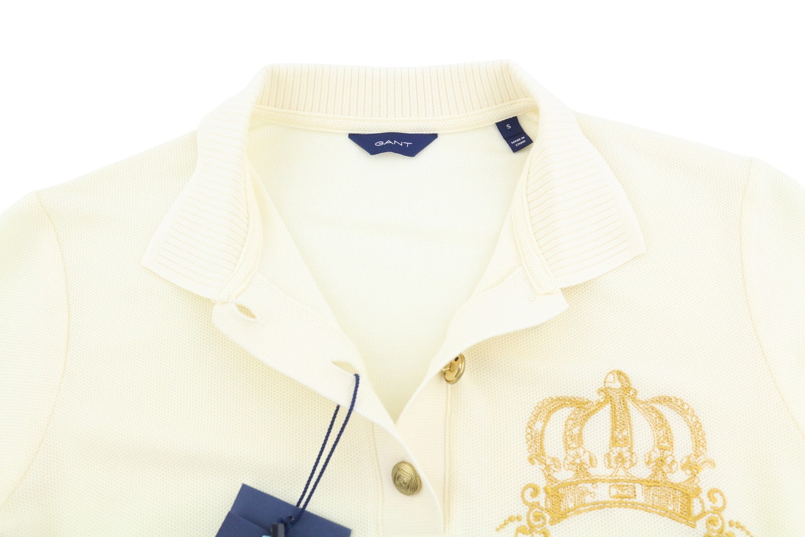 GANT Crown Embroidered Women T-Shirt S Cream Pique Textured Long Sleeve