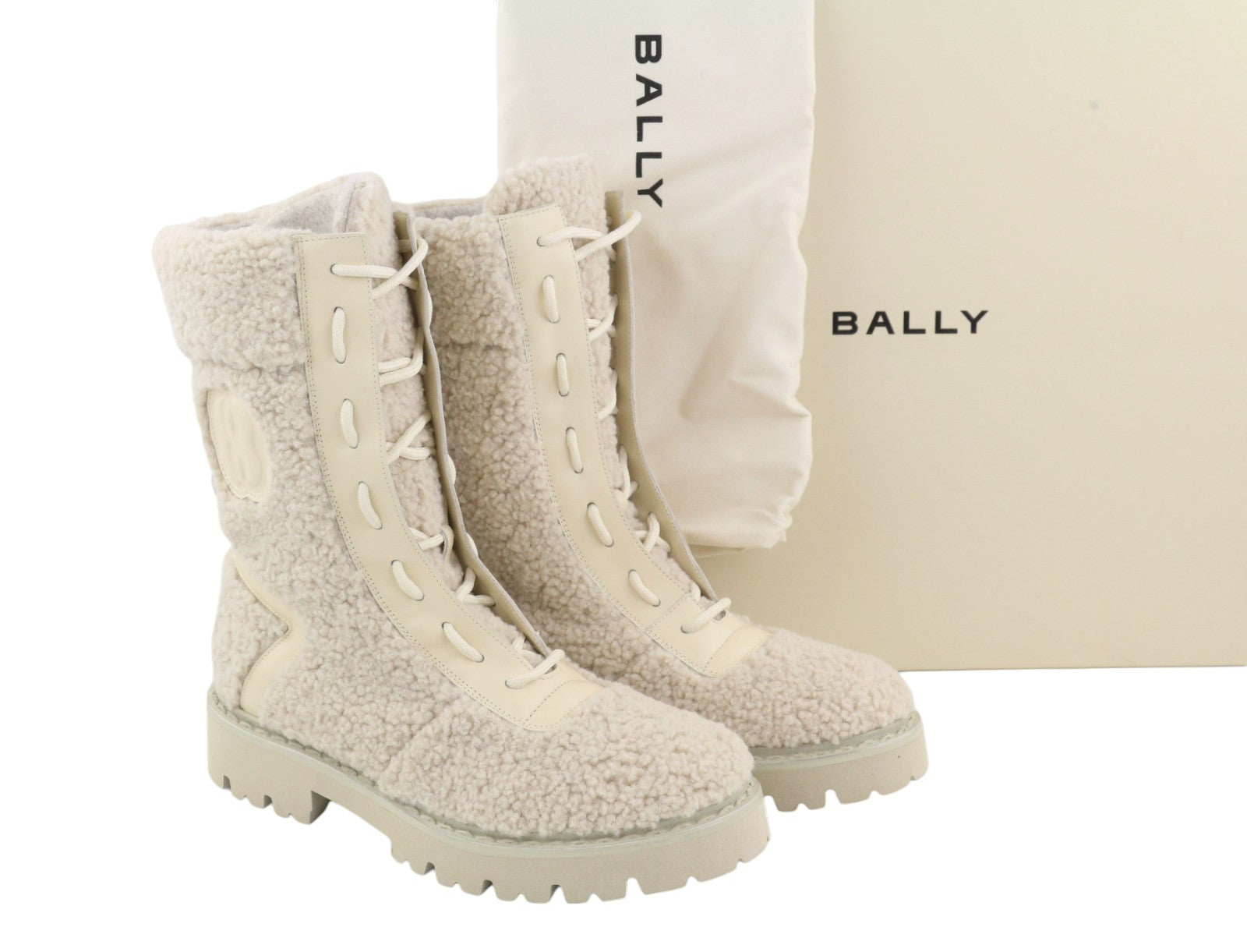 BALLY Ninni Women Boots EU38 Ivory Teddy Shearling Lace-Up Mid Top RRP899
