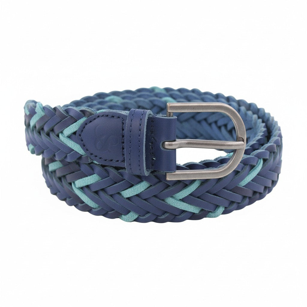 SCOTCH & SODA Men Belt 121 CM Blue Leather Braided Silver Buckle Casual