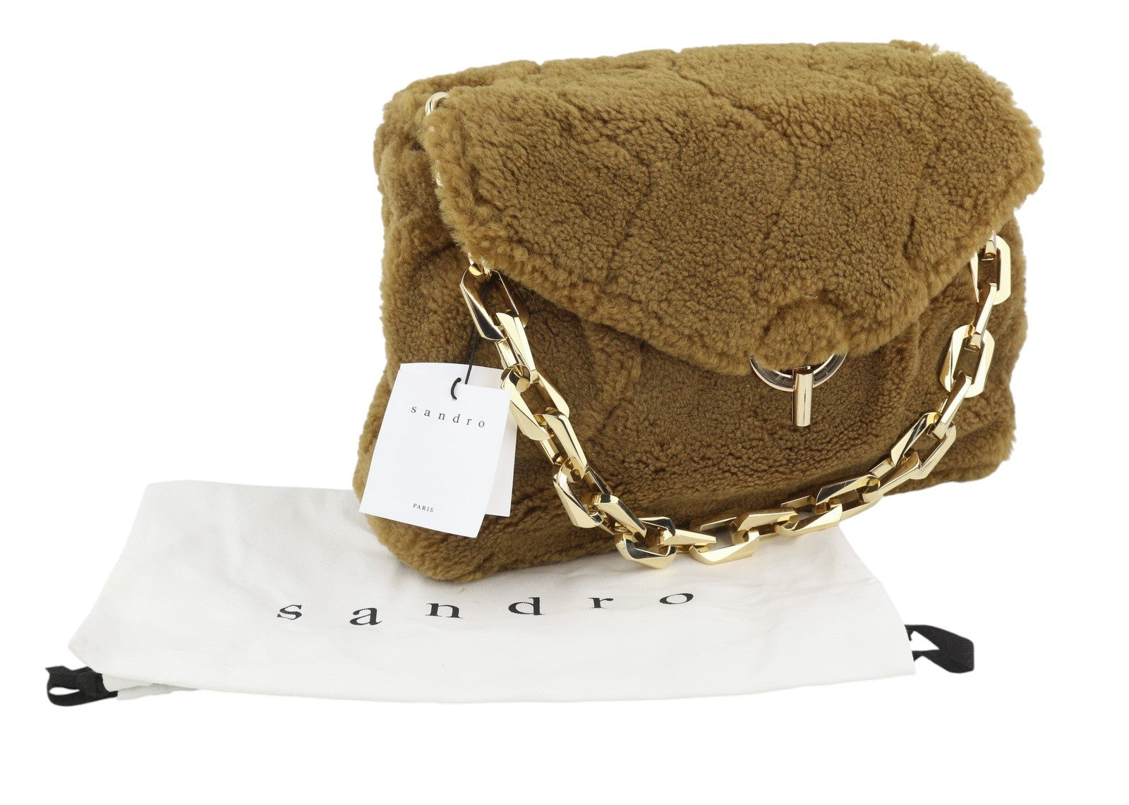 SANDRO Big Yza Curly Women Bag OS Camel Shearling Chain Shoulder RRP475