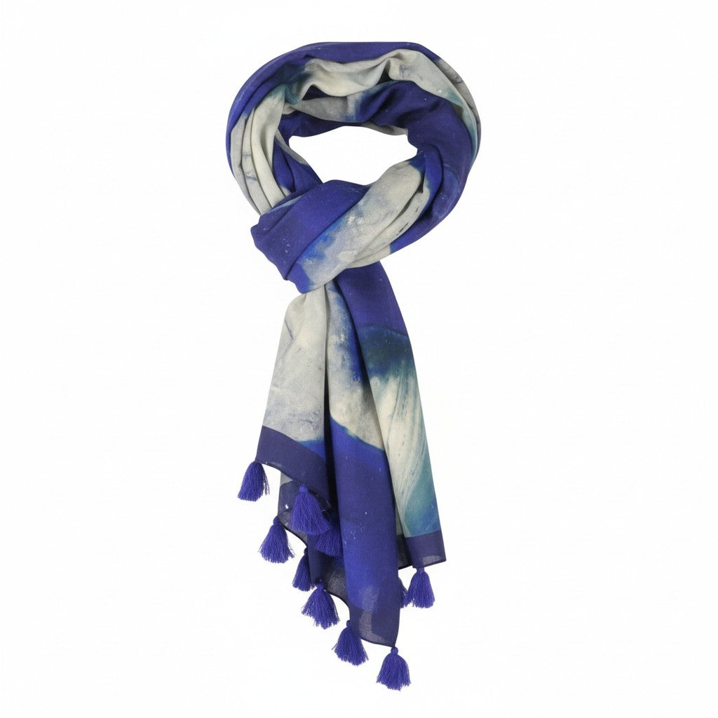 DESIGUAL Women Scarf OS Blue Cotton Artistic Print Foulard Fringed Edge