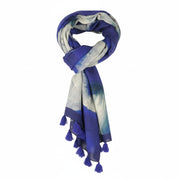 DESIGUAL Women Scarf OS Blue Cotton Artistic Print Foulard Fringed Edge