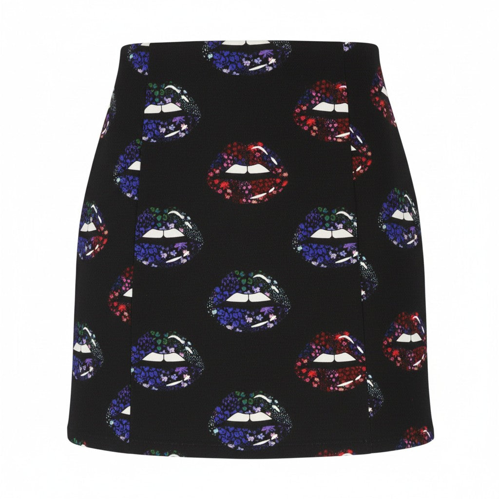 DESIGUAL Women Skirt XS Black Lips Print Fitted Zip Fly Mini